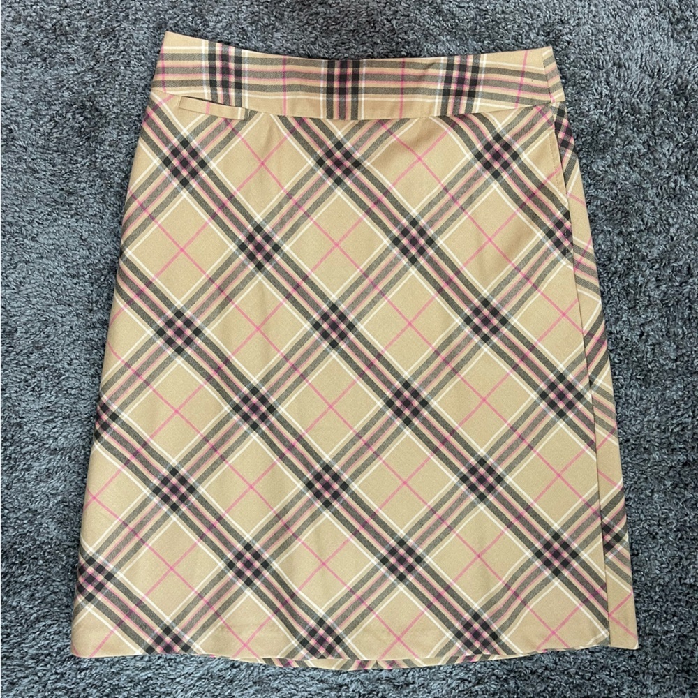 Lands’ End Tan black pink plaid wool blend knee length A-line skirt size 10